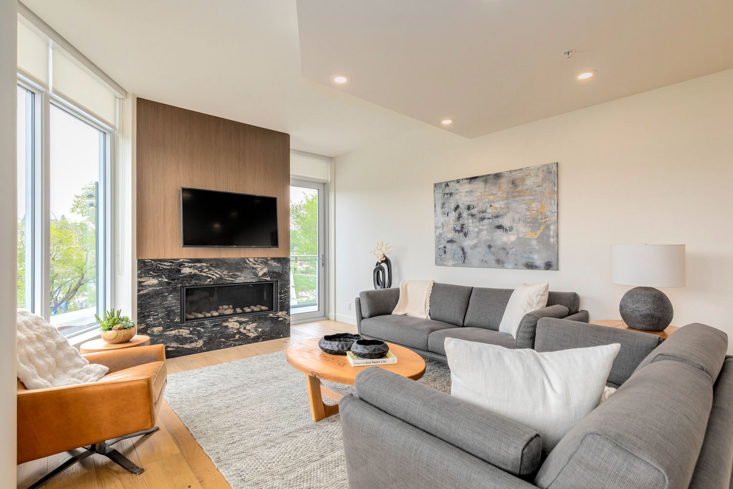 Calgary condo — living room with fireplace